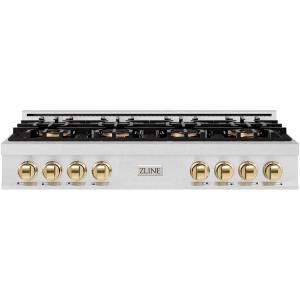 imageZLINE Autograph Edition 48 in Classic Gas Rangetop with 8 Burner DuoPro Cooktop in Satin Stainless Steel and Polished Gold Accents PCRTSZ48G