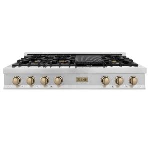 imageZLINE Autograph Edition 48 in Legacy Gas Rangetop with 7 Burners and Porcelain Cooktop in Satin Stainless Steel with Champagne Bronze Accents RTSZ48CB