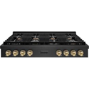 imageZLINE Autograph Edition 48 in Paramount Gas Rangetop with 8 Burners and Porcelain Cooktop in Black Satin Stainless Steel with Champagne Bronze Accents SRTBSZ48CB