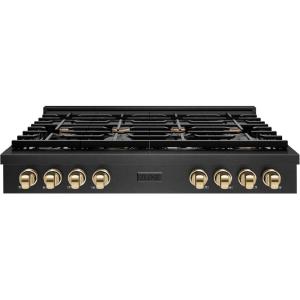 imageZLINE Autograph Edition 48 in Paramount Gas Rangetop with 8 Burners and Porcelain Cooktop in Black Satin Stainless Steel with Polished Gold Accents SRTBSZ48G