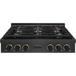 imageZLINE Designer Collection 36 in Paramount Gas Rangetop with 6 Burner DuoPro Cooktop in Black Satin Stainless Steel with Matte Black and Champagne Bronze Accents PSRTBSZ36MBCB