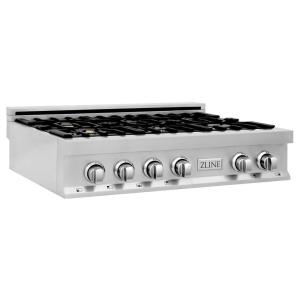 imageZLINE Kitchen and Bath 36 in 6 Burner Front Control Gas Cooktop with Brass Burners in Stainless Steel with Griddle RTBRGR36