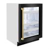 imageZLINE Autograph Edition 24 in Touchstone 151 Can Beverage Fridge With Black Stainless Steel Glass Door And Polished Gold Handle RBSOZBS24G