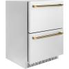 imageZLINE Autograph Edition 24 in Touchstone 168 Can OutdoorRated Dual Refrigerator Drawer with Stainless Steel Doors and Polished Gold Helix Handles RDSOZST24KG