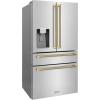 imageZLINE Autograph Edition 36 in 216 cu ft CounterDepth French Door Refrigerator with Water and Ice Dispenser in FingerprintResistant Stainless Steel with Polished Gold Helix Handles