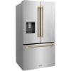 imageZLINE Autograph Edition 36 in 289 cu ft StandardDepth French Door External Water Dispenser Refrigerator with Dual Ice Maker in FingerprintResistant Stainless Steel and Gold Helix Handles