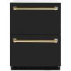 imageZLINE Autograph Edition 24 in Touchstone 168 Can OutdoorRated Dual Refrigerator Drawer with Black Matte Doors and Polished Gold Handles RDSOZBLM24G