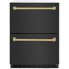 imageZLINE Autograph Edition 24 in Touchstone 168 Can OutdoorRated Dual Refrigerator Drawer with Black Stainless Steel Doors and Champagne Bronze Handles RDSOZBS24CB