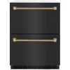 imageZLINE Autograph Edition 24 in Touchstone 168 Can OutdoorRated Dual Refrigerator Drawer with Black Stainless Steel Doors and Champagne Bronze Helix Handles RDSOZBS24KCB