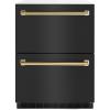 imageZLINE Autograph Edition 24 in Touchstone 168 Can OutdoorRated Dual Refrigerator Drawer with Black Stainless Steel Doors and Polished Gold Handles RDSOZBS24G