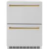 imageZLINE Autograph Edition 24 in Touchstone 168 Can OutdoorRated Dual Refrigerator Drawer with Satin Stainless Steel Doors and Polished Gold Handles RDSOZSN24G