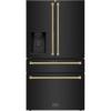 imageZLINE Autograph Edition 36 in 216 cu ft CounterDepth French Door Refrigerator with Water and Ice Dispenser in FingerprintResistant Black Stainless Steel with Polished Gold Helix Handles
