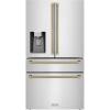 imageZLINE Autograph Edition 36 in 216 cu ft CounterDepth French Door Refrigerator with Water and Ice Dispenser in FingerprintResistant Stainless Steel with Polished Gold Helix Handles