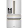 imageZLINE Autograph Edition 36 in 216 cu ft CounterDepth French Door Refrigerator with Water and Ice Dispenser in FingerprintResistant Stainless Steel with Champagne Bronze Helix Handles