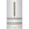 imageZLINE Autograph Edition 36 in 225 cu ft CounterDepth French Door Refrigerator with Ice Maker in FingerprintResistant Stainless Steel and Polished Gold Helix Handles RFMZ36KG