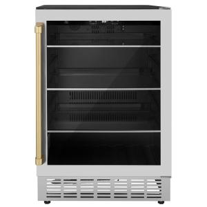 imageZ Line Kitchen and Bath ZLINE 24 Autograph Edition 154 Can Beverage Cooler Fridge with Adjustable Shelves in Stainless Steel with Champagne Bronze Accents RBVZUS24CB
