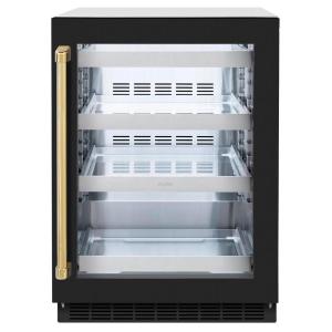 imageZLINE Autograph Edition 24 in Touchstone 151 Can Beverage Fridge With Black Matte Glass Door And Polished Gold Handle RBSOZBLM24G