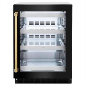 imageZLINE Autograph Edition 24 in Touchstone 151 Can Beverage Fridge With Black Stainless Steel Glass Door And Polished Gold Handle RBSOZBS24G
