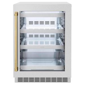 imageZLINE Autograph Edition 24 in Touchstone 151 Can Beverage Fridge With Satin Stainless Steel Glass Door And Polished Gold Handle RBSOZSN24G
