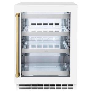 imageZLINE Autograph Edition 24 in Touchstone 151 Can Beverage Fridge With White Matte Glass Door And Polished Gold Handle RBSOZWM24G