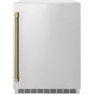 imageZLINE Autograph Edition 24 in Touchstone 151 Can Beverage Fridge with Solid Stainless Steel Door and Polished Gold Helix Handle RBSOZST24KG