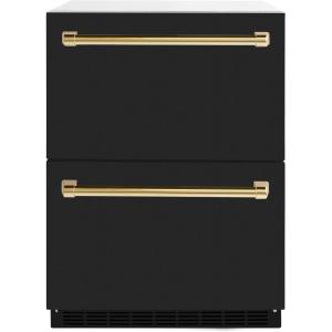 imageZLINE Autograph Edition 24 in Touchstone 168 Can OutdoorRated Dual Refrigerator Drawer with Black Matte Doors and Polished Gold Handles RDSOZBLM24G