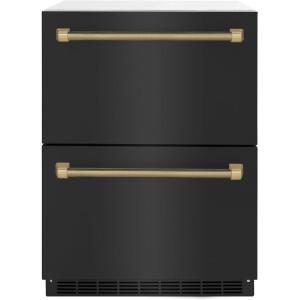 imageZLINE Autograph Edition 24 in Touchstone 168 Can OutdoorRated Dual Refrigerator Drawer with Black Stainless Steel Doors and Champagne Bronze Helix Handles RDSOZBS24KCB