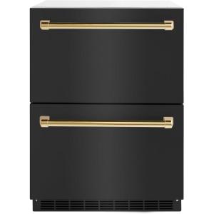 imageZLINE Autograph Edition 24 in Touchstone 168 Can OutdoorRated Dual Refrigerator Drawer with Black Stainless Steel Doors and Polished Gold Handles RDSOZBS24G