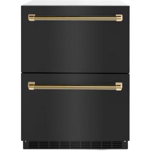 imageZLINE Autograph Edition 24 in Touchstone 168 Can OutdoorRated Dual Refrigerator Drawer with Black Stainless Steel Doors and Polished Gold Helix Handles RDSOZBS24KG