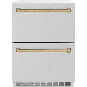 imageZLINE Autograph Edition 24 in Touchstone 168 Can OutdoorRated Dual Refrigerator Drawer with Satin Stainless Steel Doors and Champagne Bronze Handles RDSOZSN24CB