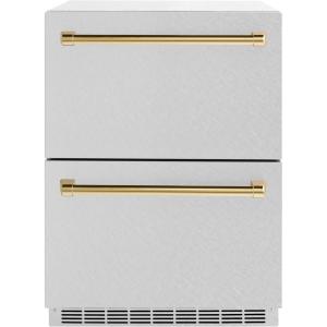 imageZLINE Autograph Edition 24 in Touchstone 168 Can OutdoorRated Dual Refrigerator Drawer with Satin Stainless Steel Doors and Polished Gold Handles RDSOZSN24G