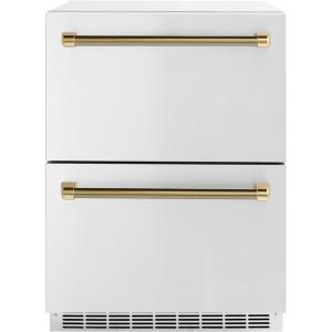 imageZLINE Autograph Edition 24 in Touchstone 168 Can OutdoorRated Dual Refrigerator Drawer with Stainless Steel Doors and Polished Gold Helix Handles RDSOZST24KG