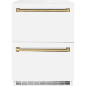 imageZLINE Autograph Edition 24 in Touchstone 168 Can OutdoorRated Dual Refrigerator Drawer with White Matte Doors and Champagne Bronze Handles RDSOZWM24CB