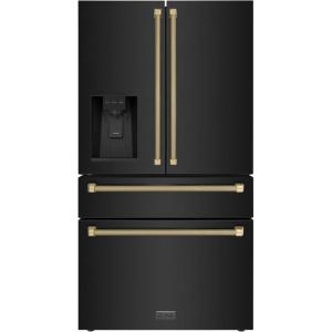imageZLINE Autograph Edition 36 in 216 cu ft CounterDepth French Door Refrigerator with Water and Ice Dispenser in FingerprintResistant Black Stainless Steel with Champagne Bronze Helix Handles