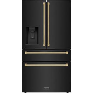imageZLINE Autograph Edition 36 in 216 cu ft CounterDepth French Door Refrigerator with Water and Ice Dispenser in FingerprintResistant Black Stainless Steel with Polished Gold Helix Handles