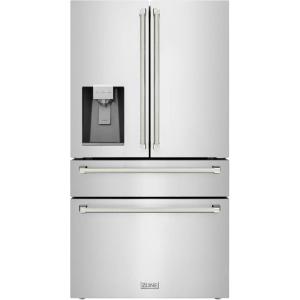 imageZLINE Autograph Edition 36 in 216 cu ft CounterDepth French Door Refrigerator with Water and Ice Dispenser in FingerprintResistant Stainless Steel with Polished Nickel Helix Handles