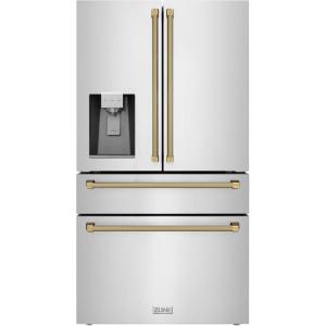 imageZLINE Autograph Edition 36 in 216 cu ft CounterDepth French Door Refrigerator with Water and Ice Dispenser in FingerprintResistant Stainless Steel with Polished Gold Helix Handles