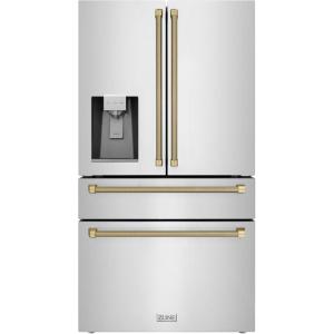 imageZLINE Autograph Edition 36 in 216 cu ft CounterDepth French Door Refrigerator with Water and Ice Dispenser in FingerprintResistant Stainless Steel with Champagne Bronze Helix Handles