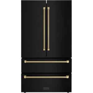 imageZLINE Autograph Edition 36 in 225 cu ft CounterDepth French Door Refrigerator with Ice Maker in FingerprintResistant Black Stainless Steel and Champagne Bronze Helix Handles RFMZ36BSKCB