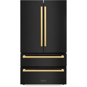 imageZLINE Autograph Edition 36 in 225 cu ft CounterDepth French Door Refrigerator with Ice Maker in FingerprintResistant Black Stainless Steel and Polished Gold Modern Handles RFMZ36BSFG