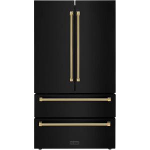 imageZLINE Autograph Edition 36 in 225 cu ft CounterDepth French Door Refrigerator with Ice Maker in FingerprintResistant Black Stainless Steel and Polished Gold Helix Handles RFMZ36BSKG