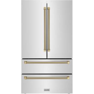imageZLINE Autograph Edition 36 in 225 cu ft CounterDepth French Door Refrigerator with Ice Maker in FingerprintResistant Stainless Steel and Champagne Bronze Helix Handles RFMZ36KCB