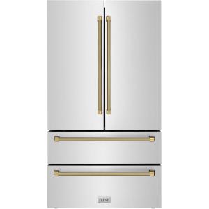 imageZLINE Autograph Edition 36 in 225 cu ft CounterDepth French Door Refrigerator with Ice Maker in FingerprintResistant Stainless Steel and Polished Gold Helix Handles RFMZ36KG