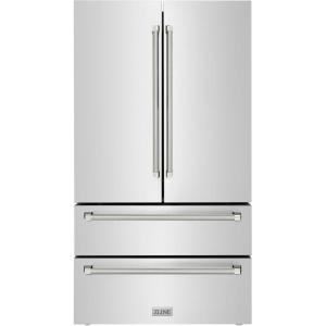 imageZLINE Autograph Edition 36 in 225 cu ft CounterDepth French Door Refrigerator with Ice Maker in FingerprintResistant Stainless Steel and Polished Nickel Helix Handles RFMZ36KPN