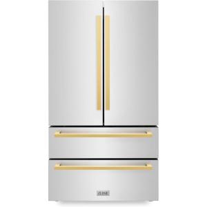 imageZLINE Autograph Edition 36 in 225 cu ft CounterDepth French Door Refrigerator with Ice Maker in FingerprintResistant Stainless Steel with Polished Gold Modern Handles RFMZ36FG