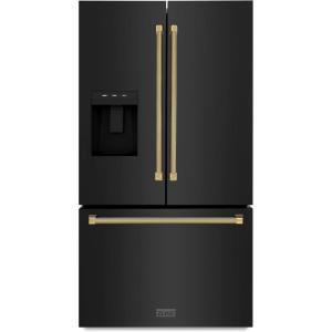 imageZLINE Autograph Edition 36 in 289 cu ft StandardDepth French Door External Water Dispenser Refrigerator with Dual Ice Maker in FingerprintResistant Black Stainless Steel and Gold Helix Handles