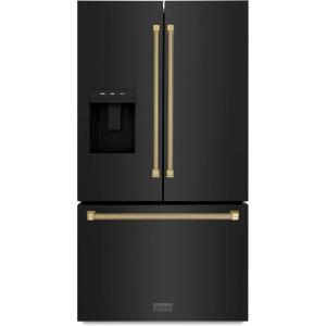 imageZLINE Autograph Edition 36 in 289 cu ft StandardDepth French Door External Water Dispenser Refrigerator with Dual Ice Maker in FingerprintResistant Black Stainless Steel and Bronze Helix Handle