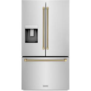 imageZLINE Autograph Edition 36 in 289 cu ft StandardDepth French Door External Water Dispenser Refrigerator with Dual Ice Maker in FingerprintResistant Stainless Steel and Champagne Helix Handles