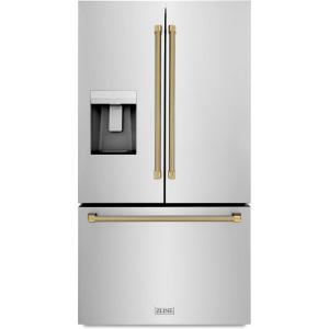 imageZLINE Autograph Edition 36 in 289 cu ft StandardDepth French Door External Water Dispenser Refrigerator with Dual Ice Maker in FingerprintResistant Stainless Steel and Gold Helix Handles