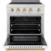 image:imageZLINE Autograph Edition 30 in 42 cu ft Paramount Induction Range with 4 Element Cooktop and Electric Convection Oven in Satin Stainless Steel with White Matte Door and Polished Gold Accents
